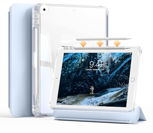 ZKTUYU Hybrid-Hülle für iPad 9./8./7. Generation mit Stifthalter 10.2 Zoll Modell 2021/2020/2019, 2-in-1 abnehmbare Abdeckung mit transparenter Hartschale auf der Rückseite, Auto Schlafen/Wachen, Blau