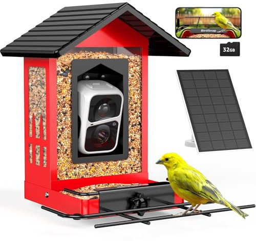birdsnap® APS Vogelfutterstation aus Metall mit Kamera, Solarpanel, 32 GB Karte, AI-Identifizierung über 10.000 Vögel, Kamerafutterstation, Live-View, automatische Aufzeichnung von Vogelvideo, ideales