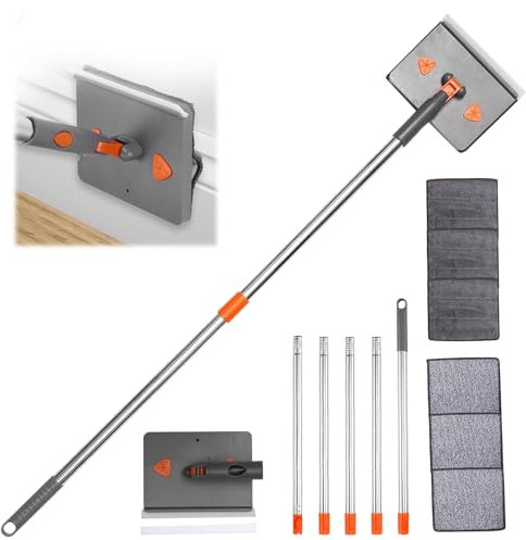 Vadrouille De Nettoyage, Balai Plafond Plat, Balai Serpillière Nettoyeur avec 23-85in Longue Poignée, 6 Interchangeable Microfibre Pads pour Nettoyer Murs, Fenêtres, Planchers, Carreaux