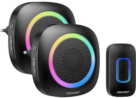 TECKNET Funkklingel, 400M Funk Reichweite Türklingel Set mit RGB Licht, IP66 Aussen Wasserdicht Haustür Klingel mit 2 Plug-in Empfänger, 60 Klingeltönen, 5 Lautstärke Stufen und LED-Blinken