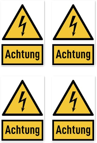 Aufkleber: 150x100 mm, 4 Stück - Signalwort Achtung vor elektrischer Spannung - Warnzeichen mit Text (deutsch) (gelb/schwarz) - hochkant - W012 - DIN EN ISO 7010 / ASR A1.3
