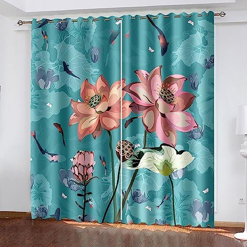 Vorhang, Kinderzimmer, 3D Blauer Lotus Lotus 2 X 140 X 250 Cm Kindervorhänge Mit Ösen, Polyestervorhänge, Wärmeschutzvorhang, Blickdichter Vorhang Mit Ösen, Kindervorhänge Für Wohnzimmer, S -8R7Z6A9W2