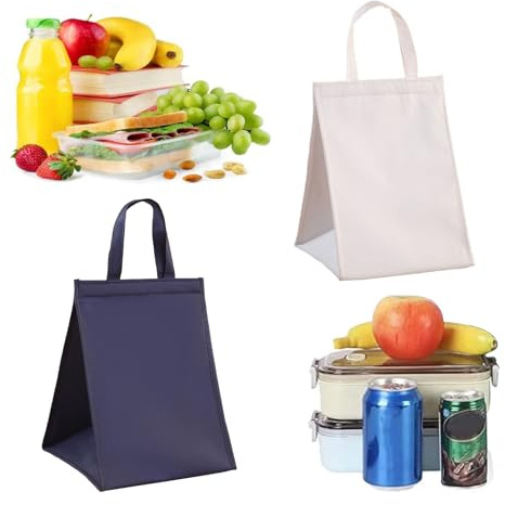 TICKLELY 2 Stücke Lunch Bag,Klein Lunchtasche, Faltbare Isoliertasche, Thermotasche mit Folienfutter, Mittagessen Tasche für Unterwegs,Arbeit,Ausflug Lebensmitteltransport (Blau und Weiß)