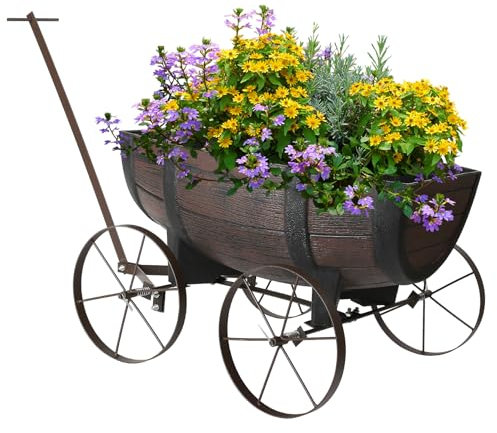 Siam Express Half Barrel Flower Planter With Handle & Wheels - Wooden Antique Oak Effect, Outdoor Wagon Wheelbarrow Planter For Garden Patio Decor