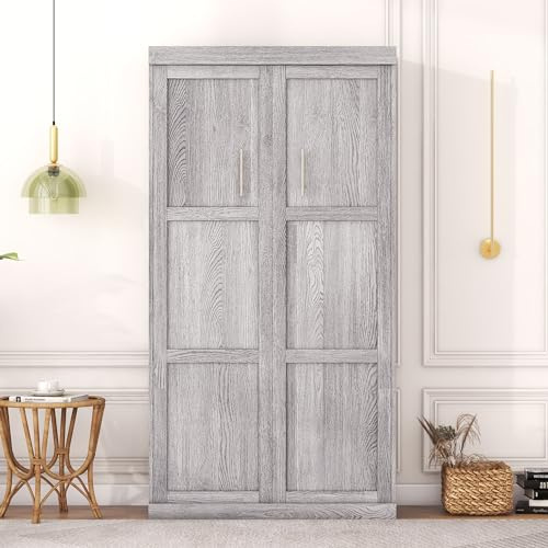 Twin Murphy Wall Bed,Wood & Metals Grey Murphy Bed Cabinet Units, No Spring Box Needed,Can Be Folded Into a Cabinet