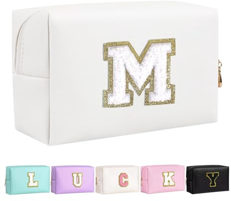 Make-up Tasche für Mädchen und Frauen, personalisierte Make-up Taschen mit Initialen wasserdichter PU Leder Reißverschluss Kulturbeutel Kosmetiktasche