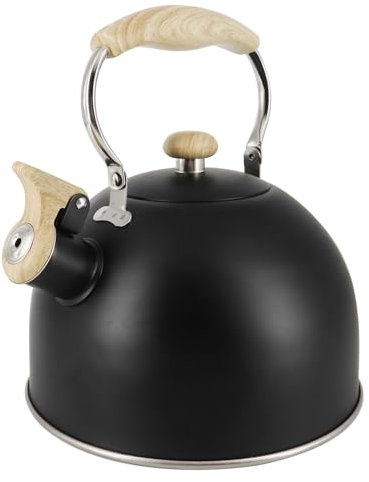 Lily's Home Whistling Tea Kettle, Teapot for Stovetop, Pleasant Whistle Sound, Heat Resistant Plastic Handle – Faux Wood Finish, Non Toxic Stove Kettle for Boiling Water - 2.5 Quarts (Black)