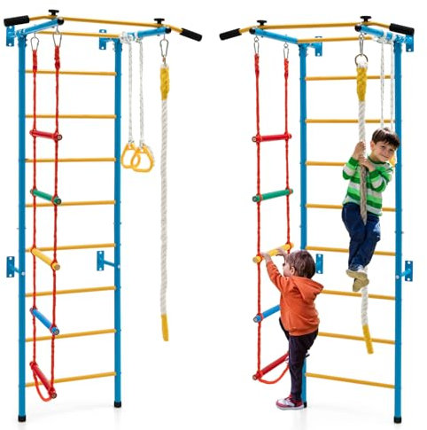 HOMASIS 5 in 1 Spalliera Svedese da Parete, Scala per Ginnastica con Sbarra per Trazioni, Scala a Corda, Corda e Anelli da Ginnastica, Gioco di Arrampicata per Adulti e Bambini dai 3+ Anni (Giallo)