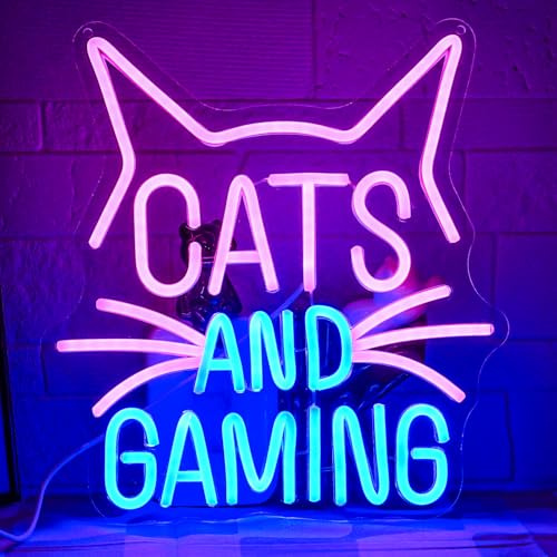 LMSIGNLY Katzen Gaming Neon Schild Gamer Neon Licht Cat Schilder Katze LED Lichter für Wanddeko Neon Licht Schriftzug Katze für Gaming Video Raum Gamer Dekor Bar Man Cave