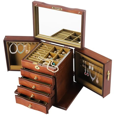 MEHOOSPVN Schmuckkästchen Holz, Schmuckkasten Groß Damen, Schmuckaufbewahrung Vintage mit Spiegel und Schloss, 5 Ebenen mit 4 Schubladen Antike Schmuckkästchen für Ketten Ohrringe Uhren, Aufbewahrungs