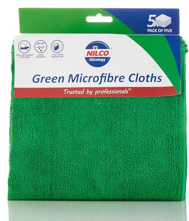 Nilco Chiffons Microfibres Verts Nilco, Paquet de 5, Chiffons de Nettoyage Doux, Non abrasifs et très absorbants pour Une Finition et sans Traces sur Toutes Les Surfaces.