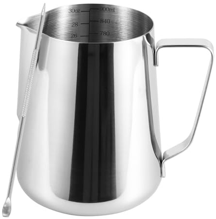 Jarra de espuma de leche de acero inoxidable de 900 ml con marcas de medición, jarra de vapor barista de 32 onzas para café, capuchino, taza de leche de arte latte para uso doméstico y profesional (1)