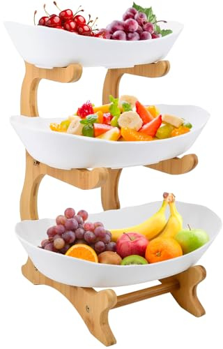 OHMG Présentoir à fruits à 3 étages, Corbeille a Fruits Céramique avec support en bois résistant, Plateaux de Service pour Gâteaux Fruits Dessert, Décoration Coupe de Fruit