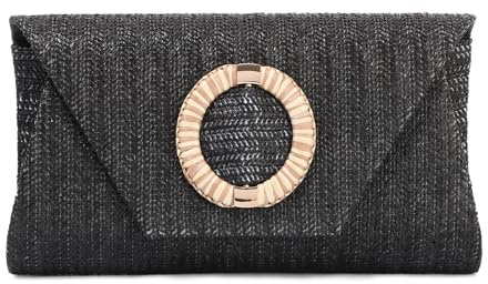 BWBIKE Bolso de Mano Tejido de Rrafia para Mujer - Elegante Bolso Bandolera de Paja para Verano, Playa, Bodas y Fiestas Formales, Bolso de Mano Tipo Sobre con Cadena Extraíble
