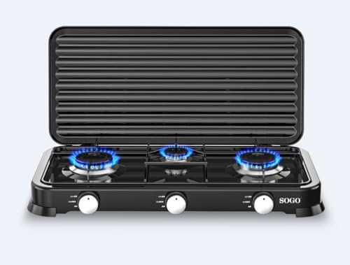 SOGO Hornillo Camping Gas Portátil 3 Fogones para Exterior GLP y Propano - Cocina Camping con Control Preciso de Llama - Cocina de Gas Portátil para Terraza y Aire Libre Compacta y Eficiente