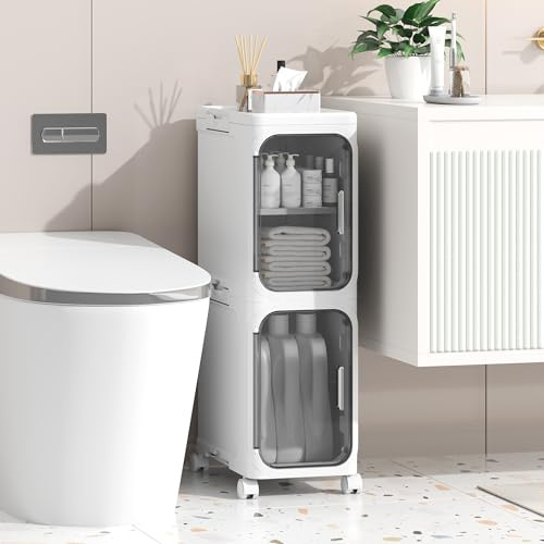 Enjinkail Slim Bathroom Cabinet, Freestanding Plastic Toilet Storage Unit with Door, Waterproof Small Trolley with Wheels for Office, Living Room, Kitchen, Entryway (21W*67H*34D cm, 2 tier)