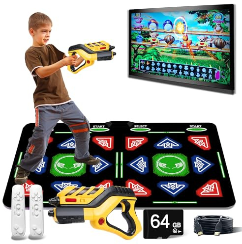 HDMI-dansmatta med en rörelsepistol, uppgraderat 64 GB minne, 1022 spel, 885 låtar, 81 MTV:er. Kombinerar dans, skjutspel, sport- och tankespel. Perfekt som present till barn. Tillverkad av flanell