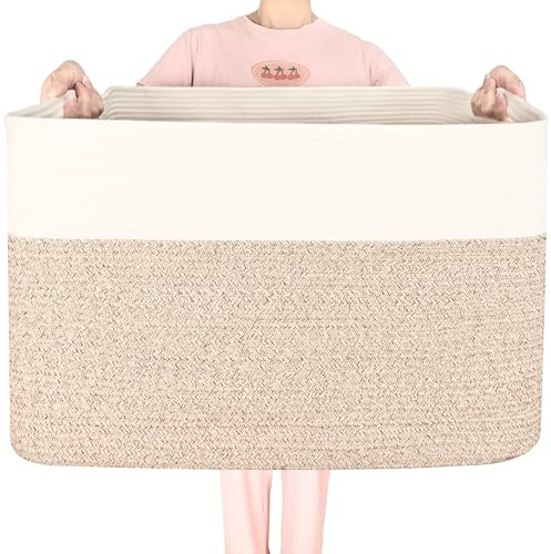 MINTWOOD Design 112L Extra Large Blanket Basket Holder Living Room, 25x17x16 Rectangle Rope Woven Storage Basket with Handles for Laundry, Pool Towels, Shoes, Dog Toy Organizer Bin Box, Light Brown