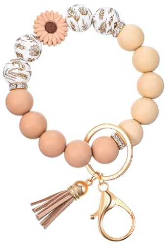 Wanmu Silikon Schlüsselanhänger Perlen, Damen Armband Schlüsselbund Autoschlüsselanhänger, PU Quaste Taschenanhänger für Frauen Mädchen
