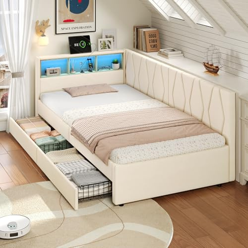 LED Daybed with 2 Drawers & Storage Compartments & Charging Station, 3FT Single Functional Upholstered Bed 90x190 cm, Guest Bed Sofa Beds Youth Beds For Adults & Teenagers, Linen, Beige, No Mattress
