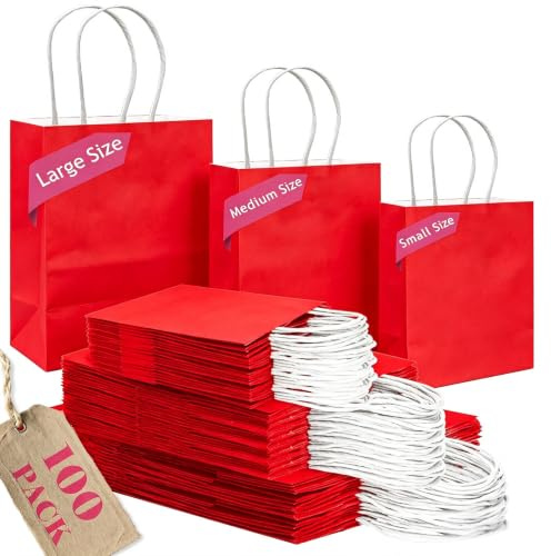 Gcardist Rot Papiertüten mit Henkeln, Großpackung mit 100 Stück in verschiedenen Größen (groß – 33 Stück, mittel – 33 Stück, klein – 34 Stück)