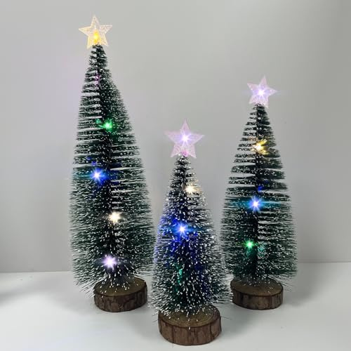 Arbol de Navidad Artificial Pequeño, 3pcs Mini árbol de Navidad LED Luces | con Base de Madera De Escritorio para En Casa, Oficina Adornos Navidad