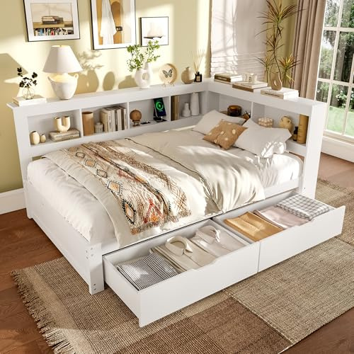 Gxffipw Tagesbett Stauraumbett 140x200 cm mit 2 Schubladen und USB-Anschlüssen, Schlafsofa Bett mit Stauraum und Ablagefach, Jugendbett Holzbett Bettgestell mit Lattenrost, Weiß, Ohne Matratze