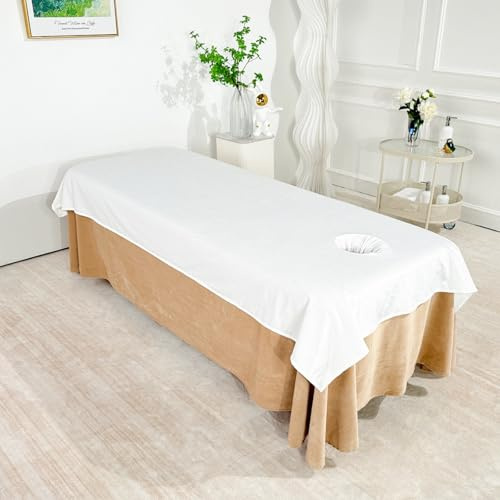 Surwin Massageliege Laken mit Gesichtsloch, Bezug Massageliege Laken Frottee mit Loch Bettwäsche Waschbar Weiches Atmungsaktiv Mikrofaser für Schönheits und SPA (120 * 200cm,Weiß)