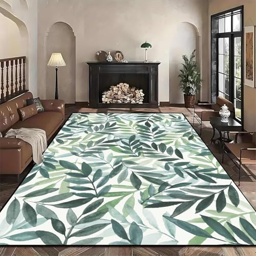 Modern Leaf Washable Rug, 60x110cm Tropical Green Eucalyptus Leaf Stylish Simple Indoor Carpet, Soft Non-Slip Non-Shedding Leaves, Pet and Child Friendly Easy Clean Rugs for Entrance Hallway Office