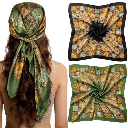 MELLIEX 2 Pezzi Große Quadratische Schals für Damen, Colorate Satin Kopftuch Bandanas, Elegantes Grafikdruck Seidentuchch Unisex Paisley Halstuch, 85 x 90 cm