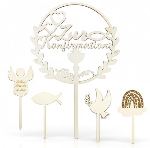 JIRVEX 5er Topper Bautizo Madera Decoración Tarta Bautizo para Niño Niña Mi Bautizo Paloma Pez Decoración Pastel para Fiesta de Bebé Baby Shower