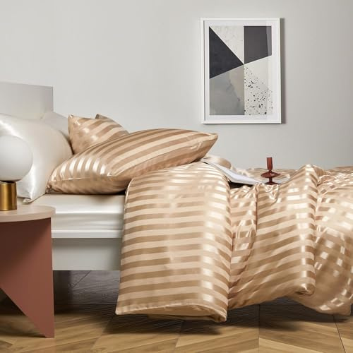 Boqingzhu Ropa de cama de satén, 135 x 200 cm, color dorado y beige a rayas, liso, brillante, de lujo, ropa de cama con cremallera y funda de almohada de 80 x 80 cm
