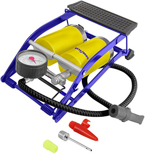 Goodyear Heavy Duty Double Barrel Foot Pump for Camping| Suitable for inflating tyres, sports equipment, camping accessories| Easily read pressure gauge| Thumb lock lever with valve connector