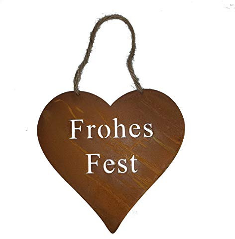 LB H&F Rostherz Herz mit Schnur FROHES FEST/Frohe Weihnachten zum Aufhängen an Tür oder Fenster 20 x 20 cm Gross (Herz Rost)