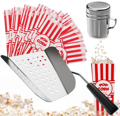 Poppy's Popcorn Supplies Bundle - Kernel Sifting Speed Scoop, Seasoning Dredge, 1-Ounce Popcorn Bags (100 Count) for Commercial and Home Use