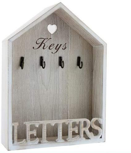 Optimal Products Vintage Letter & Key Rack Post Storage - White Mail Holder Wall Key Hanger (Natural Wooden, Grey)