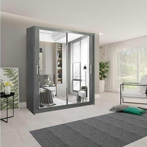 A.C. Milan German Modern Double Mirror sliding door wardrobe with LED Light Width 100cm/120cm/150cm/180cm/203cm/250cm (Grey, 180 CM)