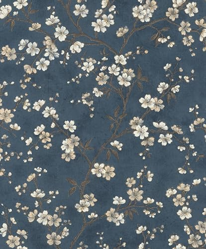 Rasch 456738 Papier peint intissé bleu avec petites fleurs de cerisier en blanc et beige, 10,05 m x 0,53 m (L x l)