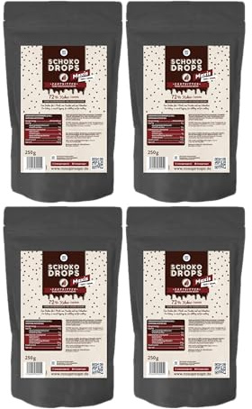 NO SUGAR SUGAR Vorteilspack 4x250g Zartbitter Schokoladendrops mit 72% Kakao Anteil. Hergestellt ohne Zuckerzusatz, gesüßt mit Erythrit und Stevia