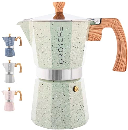 GROSCHE Milano Moka pot, Stovetop Espresso maker, Greca Coffee Maker, Stovetop coffee maker and espresso maker percolator (Mint, 6 cup) | Cuban Coffee Maker And Italian Moka Pot For Stovetop Espresso; For Gas, Electric, And Propane Stoves With A Soft-Touch Handle