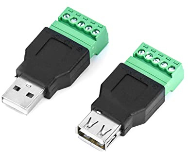 QWORK® USB-Stecker & Buchse, USB-Adapter mit Schraubklemme, USB 2.0 A männlich & weiblich, 5-polig, Schraubklemme zum Laden und zur Datenübertragung (2 Stück)