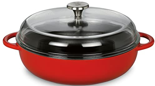 Küchenprofi PROVENCE Sartén redonda de hierro fundido, esmaltada, color rojo, interior negro, 24 cm, con tapa de cristal alta, apta para todo tipo de fuegos, incluida la inducción, cacerola con tapa | Sartén de hierro fundido esmaltada, interior negro, para todo tipo de fuegos, apta para inducción y barbacoa
