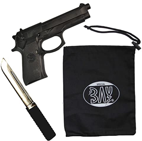 BAY Set Gummipistole und Gummimesser mit Baumwoll Transportbag Trainingsmesser Messer Gummi biegsam SV Gummidolch Dolch Übungsmesser Krav MAGA
