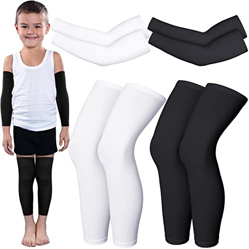 4 Pairs Kids Long Compression Leg and Arm Sleeves Youth Basketball Leg Sleeves Cycling Protection Covers for Running Sport