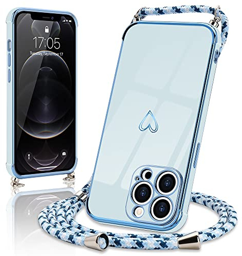 Micoden Handykette für iPhone 13 Pro Max Hülle Necklace mit Band Herz | Kameraschutz Handyhülle Herz Design Galvanik Dünn Silikon Case Bumper Kordel zum Umhängen Stoßfeste Schutzhülle, Blau
