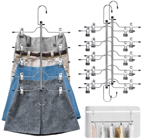 Hosenbügel mit 2 Haken, 3pcs *5 Tier Kleiderbügel platzsparend Kleiderbügel, Rock Kleiderbügel mit 10 verstellbaren Anti-Rutsch-Clips, für Hosen, Jeans, Handtücher, Shorts, Rock