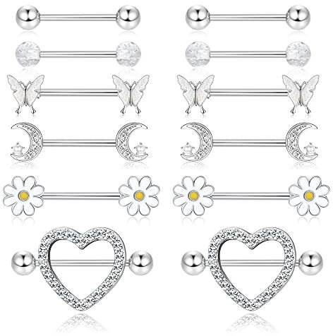 Kakonia 6 Paar 14G Nippelpiercing für Damen 316L Edelstahl Herz Schmetterling Mond CZ Blume Langhantel Brustwarzenpiercing Set Süße Nipple Piercing
