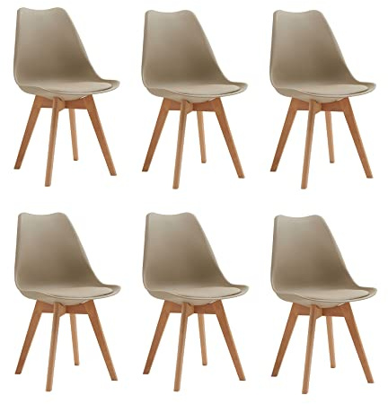 EGOONM 6er Set Esszimmerstühle, Skandinavisch, Retro-Design, Gepolstert, für Küche, Büro, mit Beinen aus Massivem Buchenholz (Braun)
