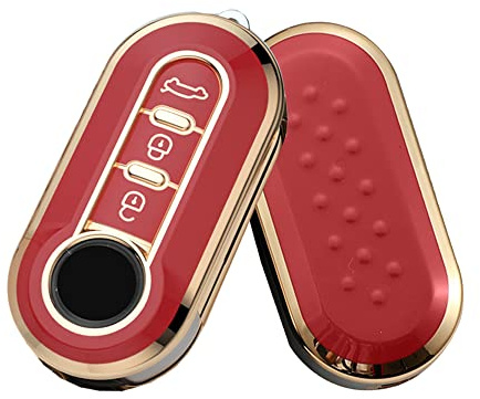 HIBEYO Klappschlüssel Autoschlüssel Hülle passt für FIAT Schlüsselhülle Silikon Schutzhülle für FIAT 500 Panda Grande Punto Bravo Scudo Schlüsselbox Cover Case Fernbedienung 3-Tasten-Gold Rot