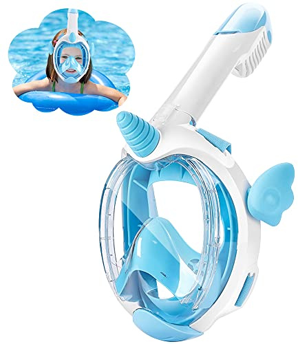 Tyuodna Schnorchelmaske Kinder,Tauchmaske Vollgesichtsmaske für Kinder 4-12 Jahre,180° HD Anti Fog und Anti Leck Taucherbrille mit Schnorchel,CO2-Sichere Snorkeling Mask (Blau)